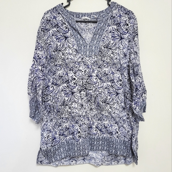 Sigrid Olsen 100% Linen Tunic Top Size L Blue Paisley VNeck Long Sleeve Nautical - Picture 1 of 7